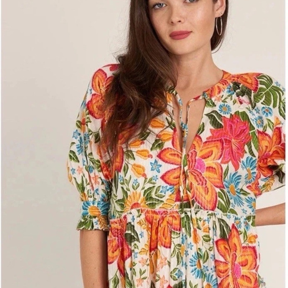 En Crème Floral Printed Puff Sleeve Tiered Mini Dress with Lurex Medium - Picture 3 of 15